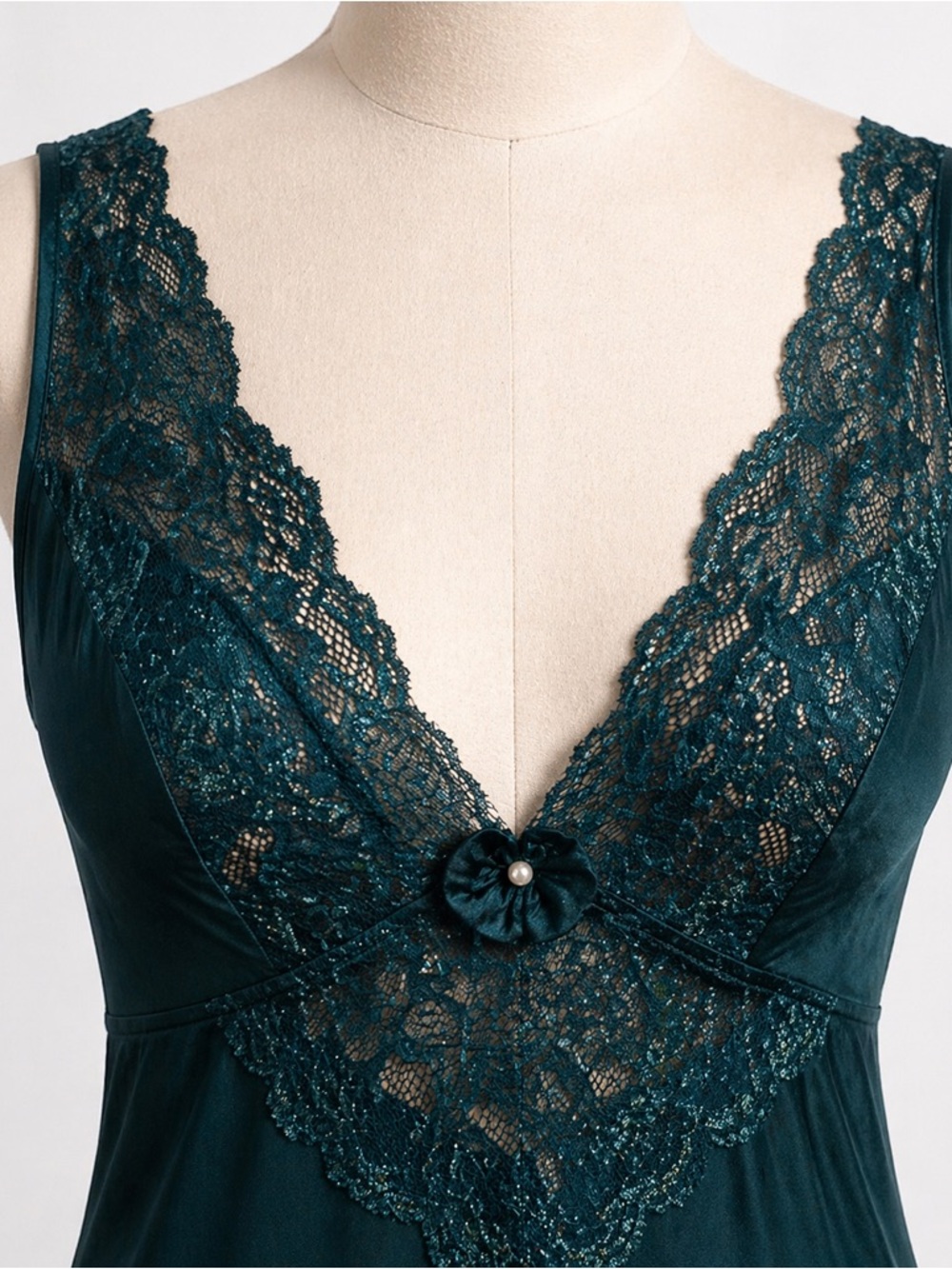 Vintage Vassarette Emerald Nightgown Lace Slip Dress 90s M - Picture 3 of 7